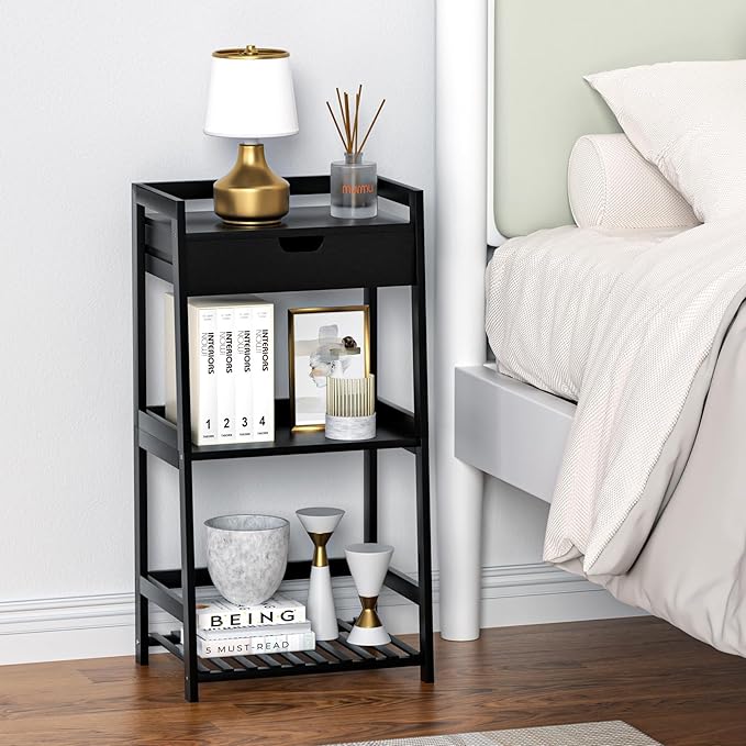 POXAKA 3 Tier Bamboo Bathroom Shelves with Drawer, Ladder Shelf for Bathroom Storage, Space-Saving Design, Stylish Display Nightstand, Stylish Storage Solution for Home, Living Room, Kitchen, Office