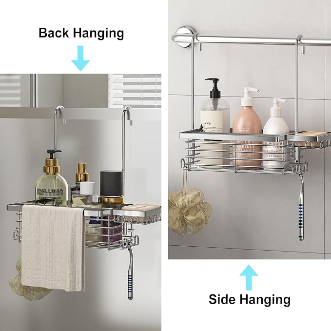 Hanging Shower Caddy, 304 Stainless Steel Shower Organizer with Towel Bar & Hooks, Over Shower Rod, Towel Bar or Glass Panel Storage Basket with Soap Holder, Rustproof Bathroom Caddy, 1 Pack