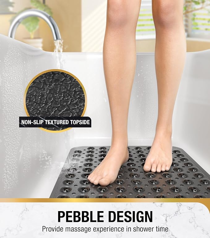 HITSLAM Bath Mat for Tub, Non Slip Bathtub Mat, 40 x 16 Inch Extra Long Bath Tub Mat, Machine Washable Bathroom Shower Mat with Suction Cups and Drain Holes, Soft on Feet, Clear Black