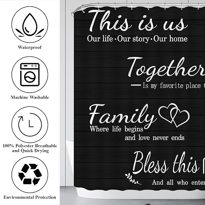 4Pcs Family Shower Curtain Sets with Non-Slip Rugs, Toilet Lid Cover and Bath Mat, Black Home Bathroom Decor Set Accessories Waterproof Shower Curtains with 12 Hooks, 72 x 72 Inch
