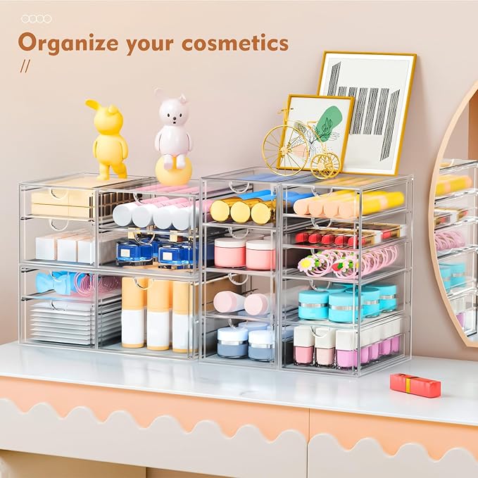 ARSTPEOE 22 Drawers, Acrylic Desk Makeup Organizer, Plastic Drawers Organizer, Stackable Storage Solution for Makeup, Dresser, Office, Bathroom Clear Plastic Craft and Bead Storage Cabinet