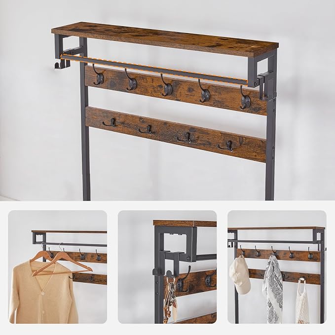 HOOBRO Hall Tree with Bench, Entryway Coat Rack with Shoe Rack, Shoe and Coat Rack, 5 Tier Shoe Storage Organizer with Oxford Fabric Side Pockets, Adjustable Mesh Shelves, Rustic Brown BF75MT01