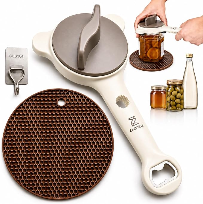 Jar Opener for Seniors with Arthritis, Easy Grip Adjustable Lid & Bottle Opener Set with Non-Slip Silicone Pad & Stainless Steel Hook, Beige