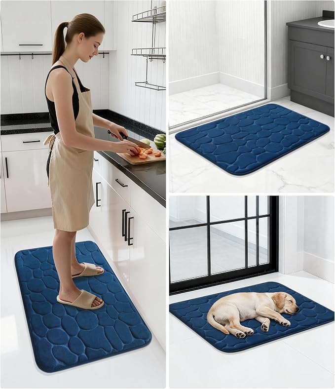 YIHOUSE Memory Foam Bath Mat Cobblestone Bathroom Rugs Super Water Absorbent Bath Mats for Bathroom Machine Washable Bath Rugs(20x32,Dark Blue)