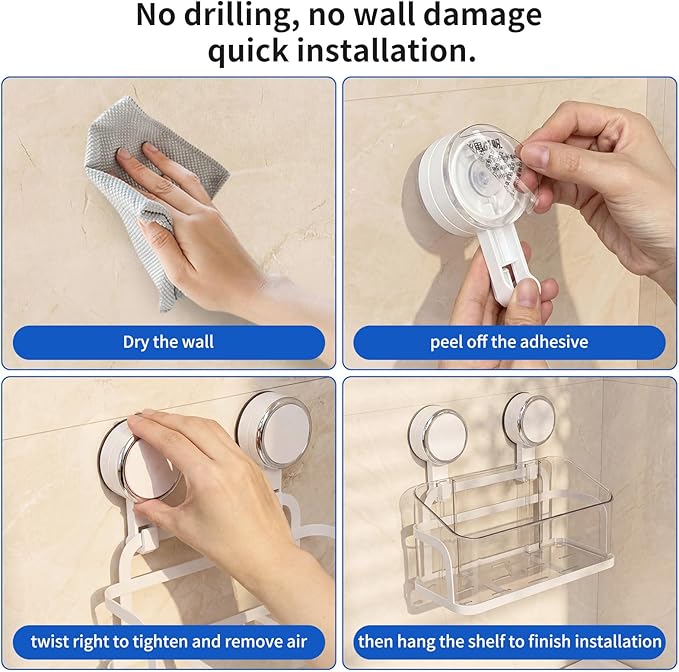 Shower Caddy Suction Cup, Removable Bathroom Organizer Shelf for Shower Storage, No Drilling Clear Square Shower Shelves, Large Capacity & Reusable, 1 pack
