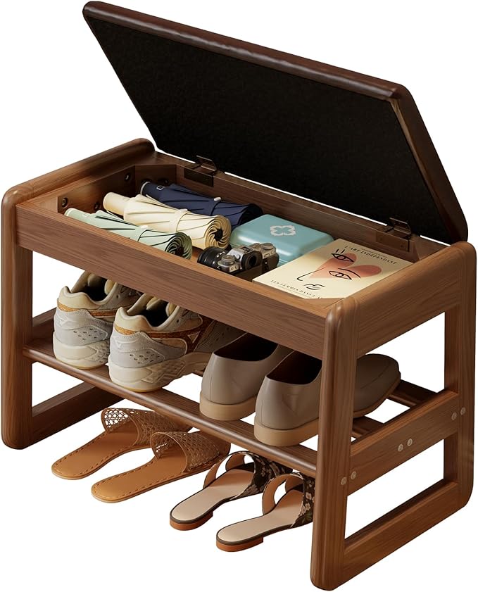 AQIMUELE Shoe Rack Bench,2 Tiers Shoe Bench with Storage with Flip-Top,Wood Shoe Rack for Entryway,Hallway（Dark Walnut Upholstered Seat,11.8" D x 23.62" W x 15.7" H）