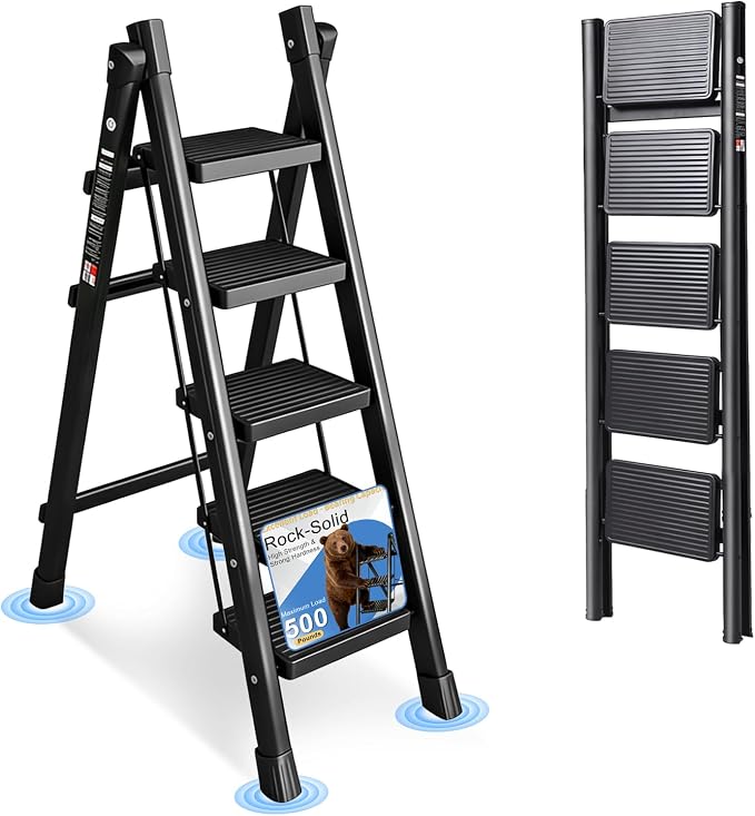 5 Step Ladder Folding Step Stool with 500LBS Capacity Sturdy Carbon Steel Frame Anti-Slip Thick Pedal & Feet Portable for Home Kitchen Garage (black-5step)
