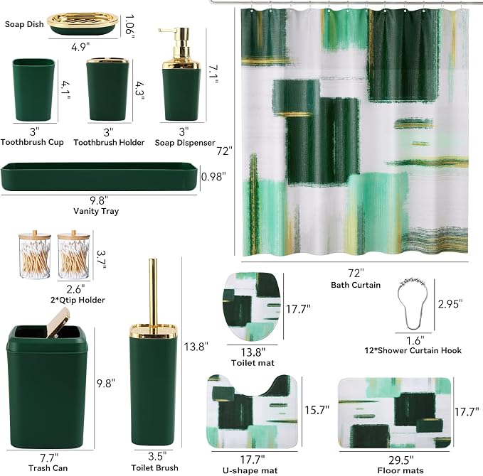 XLHOMO Bathroom Set - Dark Green and Gold Bathroom Accessories Set, Bathroom Sets with Shower Curtain and Rugs, Green Shower Curtain Set with Bathroom Trash Can, Soap Dispenser, Soap Dish for Home