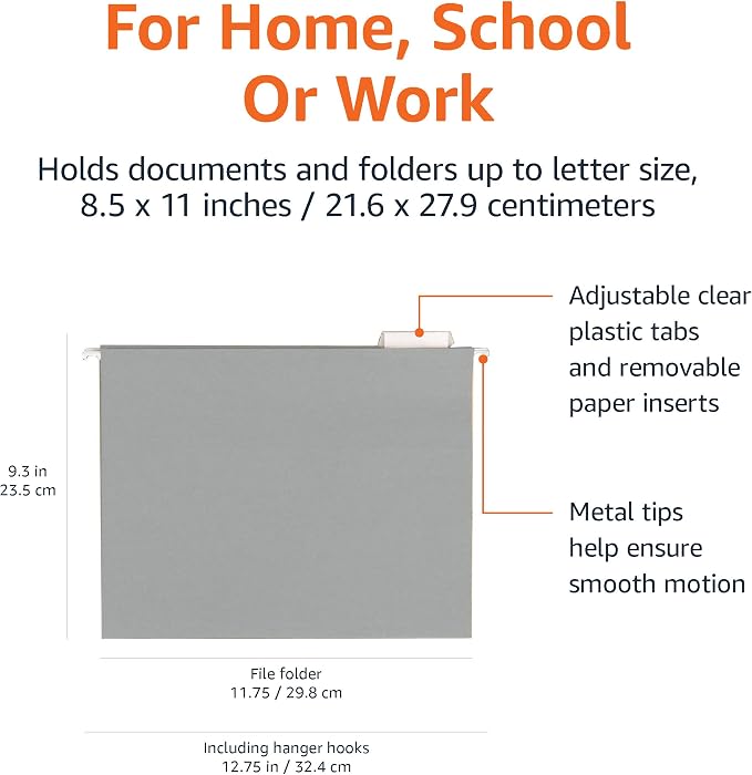 Amazon Basics Hanging File Folders with Adjustable Tabs for Document Organization, Letter Size, Gray, 25-Pack