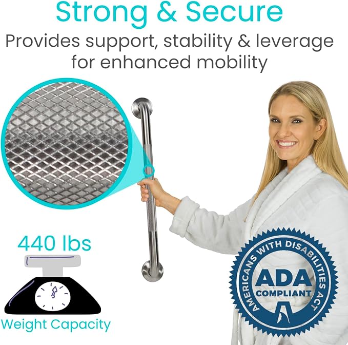 Vive Shower Bars for Elderly - Grab Bar Bathroom Antislip Handrail for Seniors, Elderly Assistance Product, Heavy Duty Shower Handles, Handicap, Stainless Steel, Multipurpose, 440 lbs
