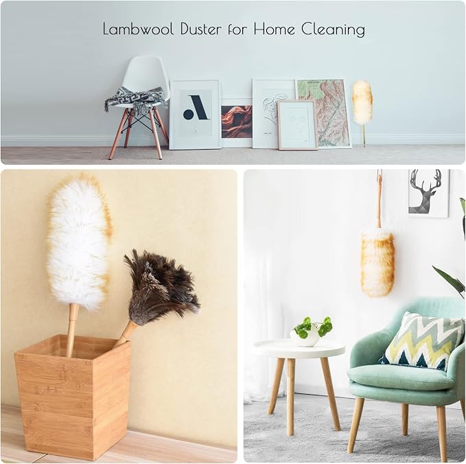 Lambswool Duster 14'' Length Solid Wooden Handle Leather Hang Strap for Cleaning Ceiling Fans Window Blinds Computer Furniture Figurines TV Natural Feather Duster,Brown