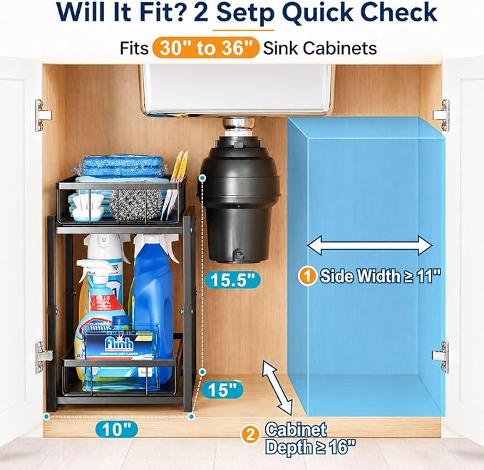 iSPECLE Under Bathroom Sink Organizer - 2 Pack 2 Tier Pull Out Under Kitchen Sink Storage for Centered Garbage Disposal, Reach Back Items Easily Adjustable Shelf Height Heavy Duty H-Frame, Black