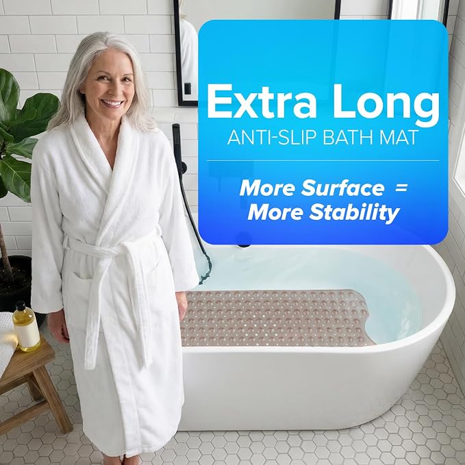 SlipX Solutions Power Grip Extra Long Bath Tub & Shower Mat 39x16, Wet Floor Non-Slip for Elderly & Kids Bathroom, 30% Longer Bathtub Mats, 200 Suction Cups, Drain Holes (1, Translucent Coral)