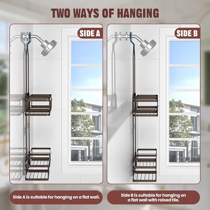 REINHARDT Adjustable Shower Caddy Hanging Rustproof Shower Caddy for Handheld Showerheads, Shower Organizer with Hooks Soap Holder, Anti-Swing Shower Rack Bathroom Accessories, Bronze
