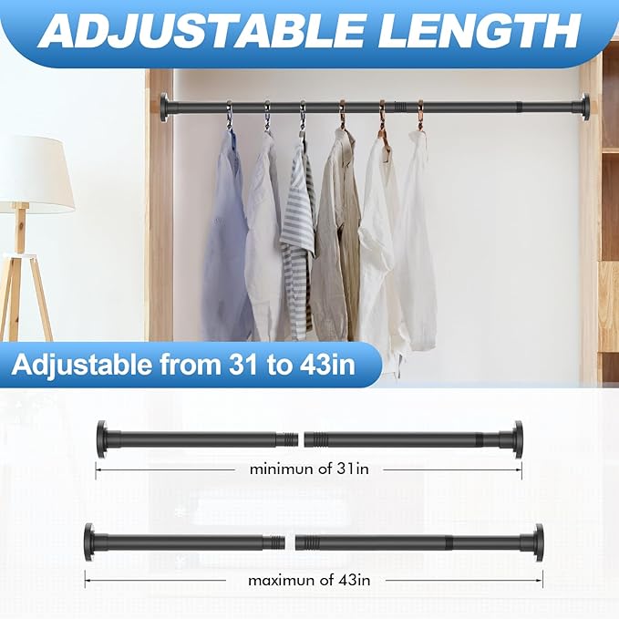 CorkLatta 2 Pack Black Shower Curtain Rod 31 to 43 Inch,1 Inch Diameter Adjustable Spring Tension Stainless Steel Telescopic Rod,Easy Install,No Rust