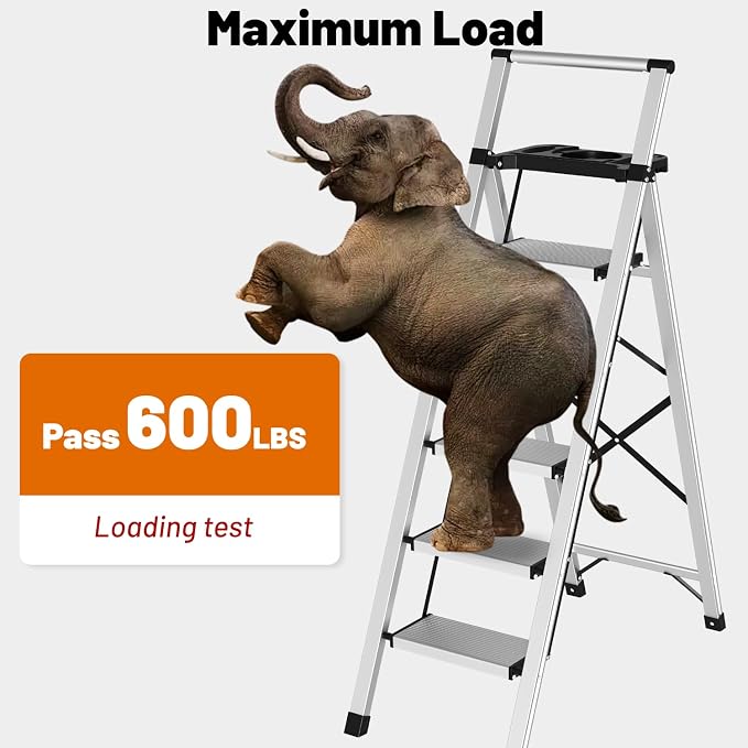 5 Step Ladder with Tool Tray - 600lbs Heavy Duty Lightweight Step Stool with Extended Handrails, Work Platform for Home Maintenance & DIY Projects