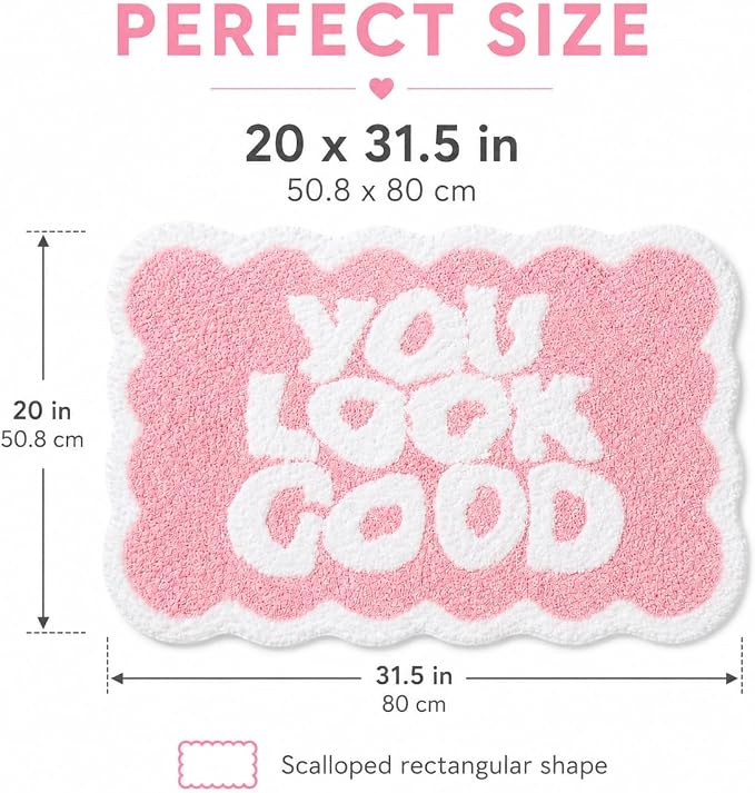 Scalloped Pink Bath Rug, You Look Good Cute Bathroom Rug, Soft Absorbent Quick Dry Bath Mat, TPR Non Slip Backing, Microfiber Mat for Shower Tub Sink Vanity 20" x 31.5"