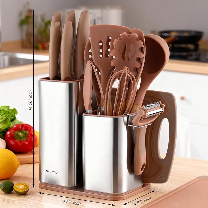 RAXCO Utensil Sets,18-Piece Silicone Cooking Utensils and Knife Set,Mousse | Dishwasher-Safe Kitchen Utensils,Large Capacity Countertop Organizer for Knives,Utensils,Cutting Board