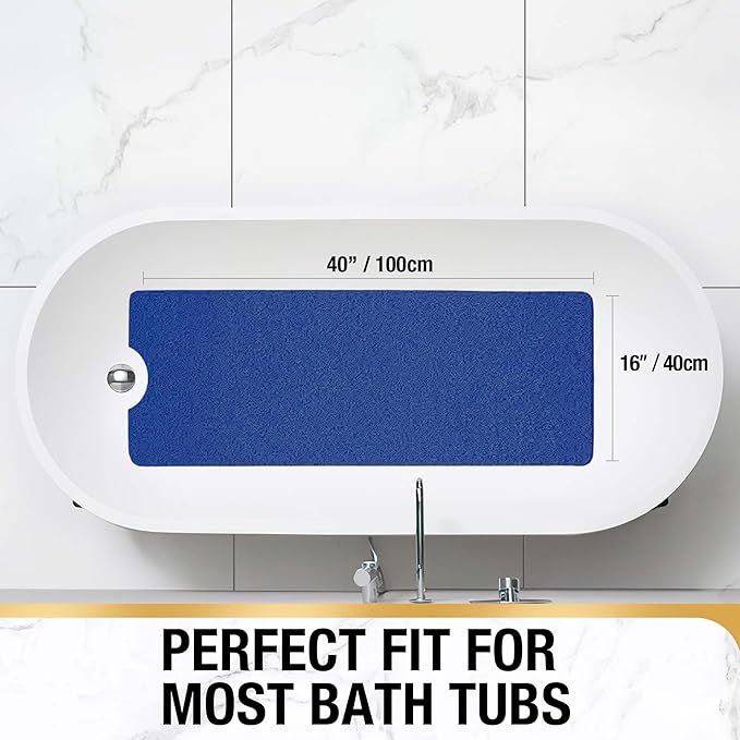 HITSLAM Non Slip Bathtub Mat 40 x 16 Inch, Extra Long Bath Mat for Tub, Soft PVC Loofah Shower Floor Mat with Drain, Quick Drying Bathroom Tub Mat for Wet Area, Without Suction Cup, Blue
