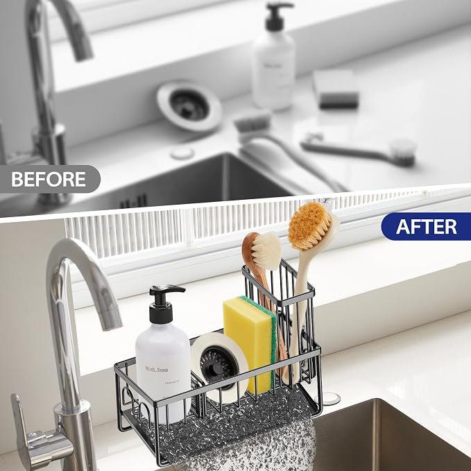 Sinnsally Kitchen Sponge Holder,Sink Caddy Organizer with Brush Holder,Stainless Steel Sink Box Dish Scrubber Holder with Self Drain Tray,Soap Dispenser Kitchen Storage Accessories(1 Tier-Black)