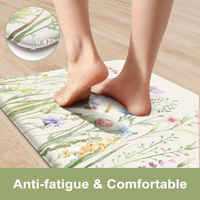 KIMODE Kitchen Mats Cushioned Anti Fatigue, Summer Farmhouse Flower Kitchen Rugs Sets of 2, Padded Kitchen Floor Mats, Non Slip Standing Mats for Sink Laundry Office Desk White 20"x59"+20"x32"