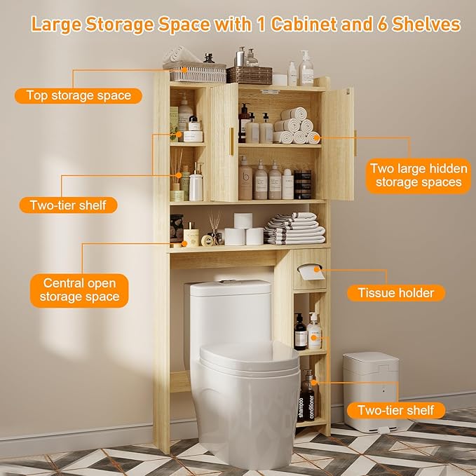 knoworld Fluted Over The Toilet Storage Cabinet, Above Toilet Bathroom Organizer with Toilet Paper Holder, Modern Behind Toilet Cabinet, Space Saver for Restroom, Bathroom, Laundry, Natural Oak