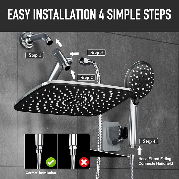 Veken 11.8'' Rain Shower Head with Handheld, High Pressure Rainfall Showerhead Combo with 5 Hand held Water Spray Modes for Bathroom Accessories, Detachable Dual Shower Heads, Chrome Silver