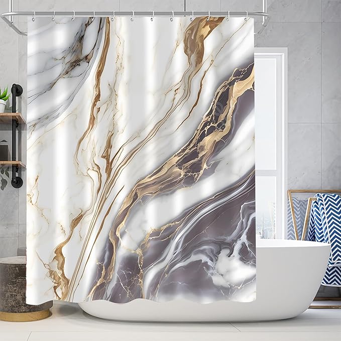 Nkzply 4 Pcs White Marble Shower Curtain Set Grey Bathroom Sets with Shower Curtain and Rugs Gold Modern Abstract Bathroom Decor Accessories Gray Bathroom Rugs Toilet Lid Cover with Hooks