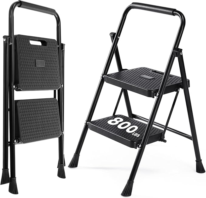 OLIXIS 2 Step Ladder, 880lbs Heavy Duty Sturdy Step Stool with Anti-Slip Pedal & Comfortable Handrail, Portable Step Stool for Kitchen, Garage & Outdoor Use, Black