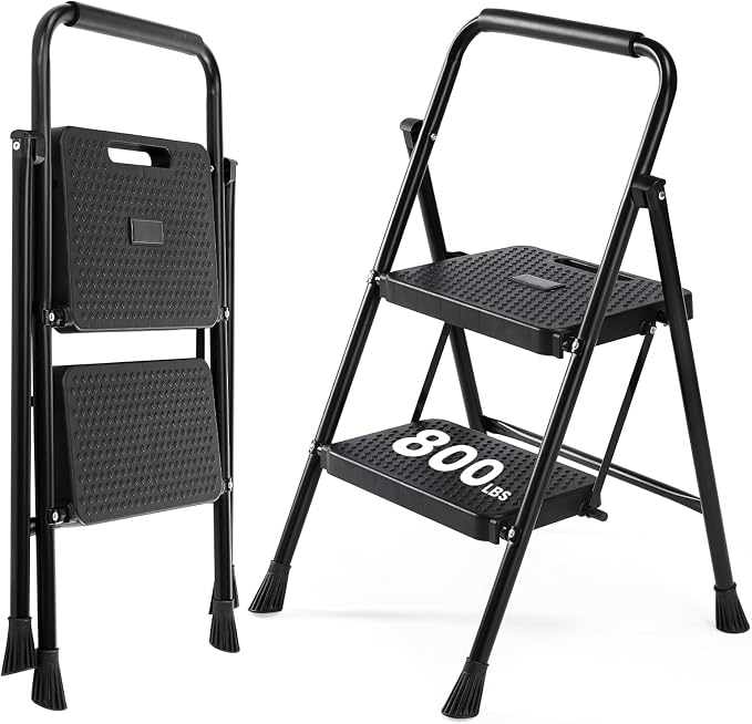 Sweetcrispy Folding 2 Step Ladder Stool - Lightweight, 800lbs Sturdy, with Anti-Slip Feet - Perfect for Home, Kitchen, and Office Use, Easy Storage and Portable Design, Black