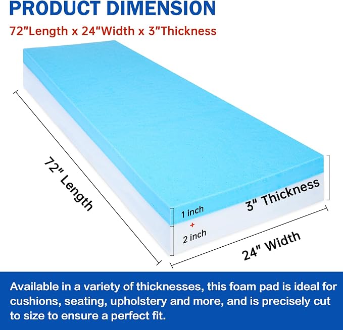 High Density Upholstery Foam Cushion - 3" Thick x 24" x 72", Gel Memory Foam Support Padding for Seat Cushion Replacement, DIY Projects, Sofa Mattress Support