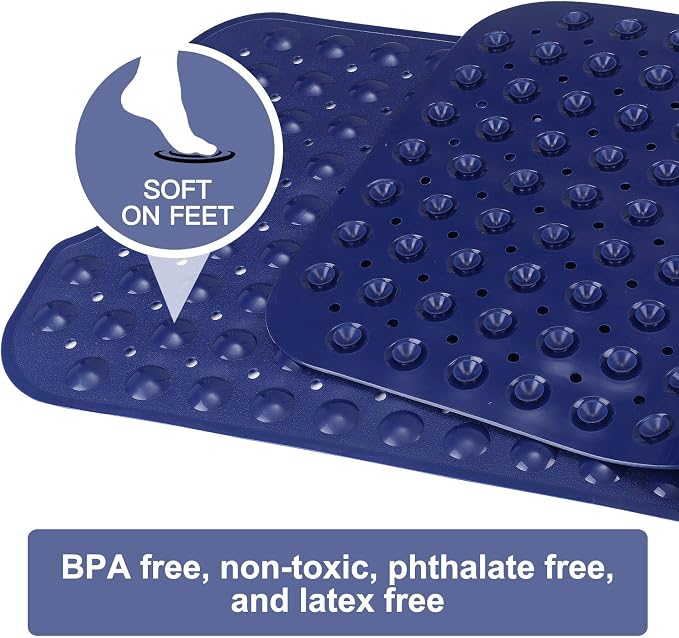 YINENN Bath and Shower Safety Mats 40x16 inch, Non Slip with Suction Cups for Bathroom Stall and Tub Floor, Extra Large and Machine Washable, Drain Holes Keep Bathtub Clean, Dark Blue