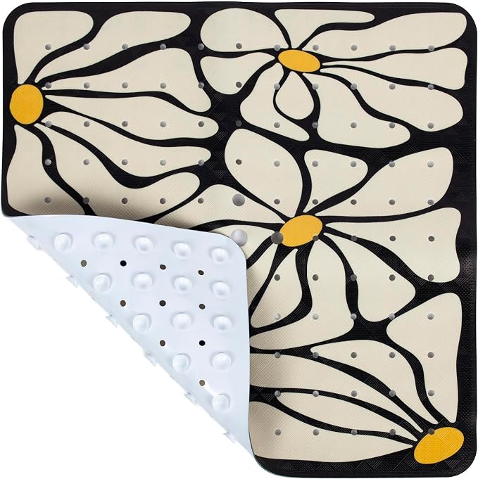 Square Shower Mat Non Slip 21x21 Inch, Black Floral Anti Slip Shower Mat for Inside Shower Bathtub Mat Non Slip Abstract Flowers Bath Tub Mat Shower Floor Mat Bathroom Mat with Large Drain Holes