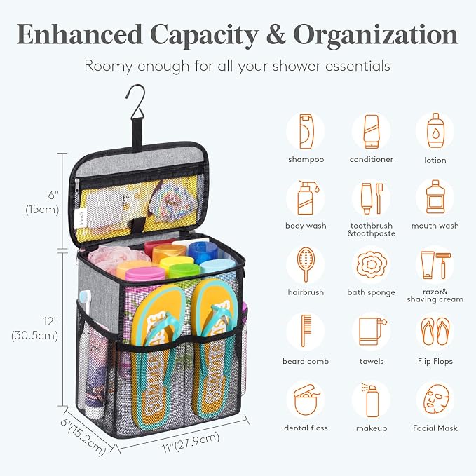Lifewit Shower Caddy Portable, Toiletry Bag with Handle and 3 Mesh Pockets, Quick Dry Hanging Organizer for Bathroom, Gym, Travel, Camping, College Dorm Room Essentials for Women Men, Grey