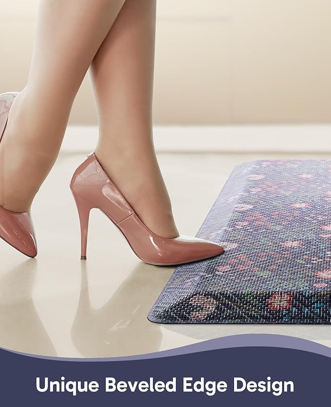 Ophanie Kitchen Mats for Floor, 3/4 inch Thick, 20x32 Anti Fatigue Cushioned Mat, Kitchen Rugs, Waterproof, Comfort Ergonomic Standing Mat for Office, Home, Sink, Blue Flower Non-Slip Ridged Bottom