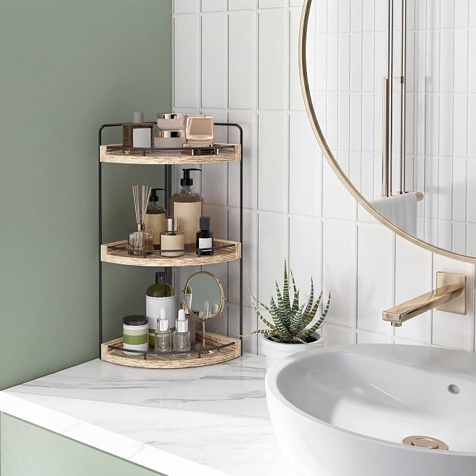 Fixwal Bathroom Counter Organizer, 3 Tier Rustic Bathroom Shelves Corner Organizer, Wood Countertop Storage Tray for Vanity, Kitchen, Bedroom (Light Brown)