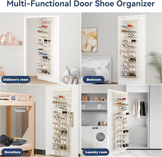 Whitmor 36 Pair Over The Door Shoe Organizer, 12 Tier Hanging Shoe Organizer, Heavy Duty Metal & Mesh Shoe Holder, Hanging Shoe Rack for Closet Organizer & Storage, 74"H x 21.7"W x 7.5"D, Beige