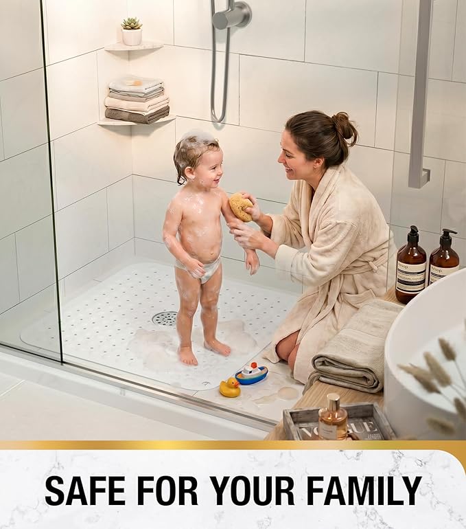 HITSLAM Shower Bathtub Mat Non Slip, 24"x 24" Bath Mat for Tub, Soft PVC Shower Mats for Inside Shower with Suction Cups and Center Drain Hole, Machine Washable Bathroom Floor Mat, White