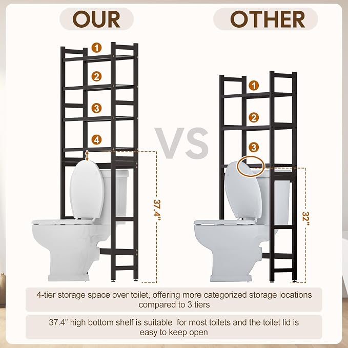Cozivolife Over The Toilet Storage: 4-Tier Bamboo Organizer Rack with 2 Baskets & Paper Holder & 4 Hooks & Waterproof Feet Pad, Adjustable Freestanding Shelf for Bathroom (Brown)