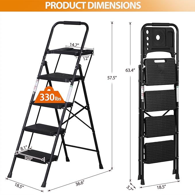 ZENY 4 Step Ladder, Folding Step Stool for Adults, Portable Steel Ladder with Tool Platform, Wide Anti-Slip Pedal, Safety Locking, Lightweight (Black)