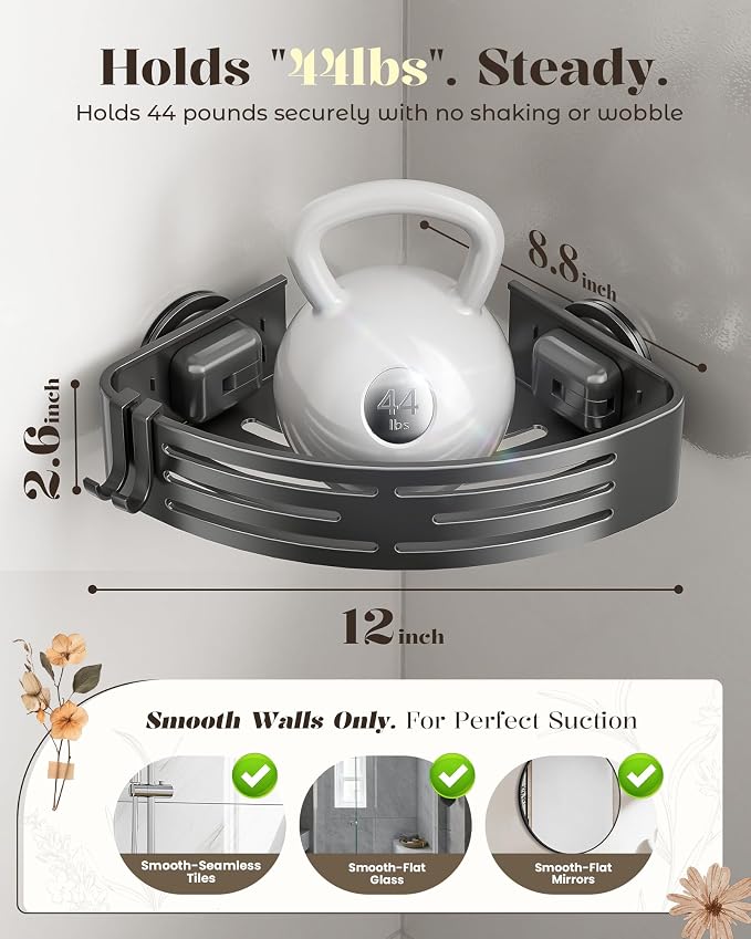 Corner Shower Caddy Suction Cup,Shower Shelves with Hooks,No Drilling Powerful Suction Bathroom Organizers and Storage,Removable Waterproof Rustproof Shower Bathroom Accessories Decor(Grey 2Pack)
