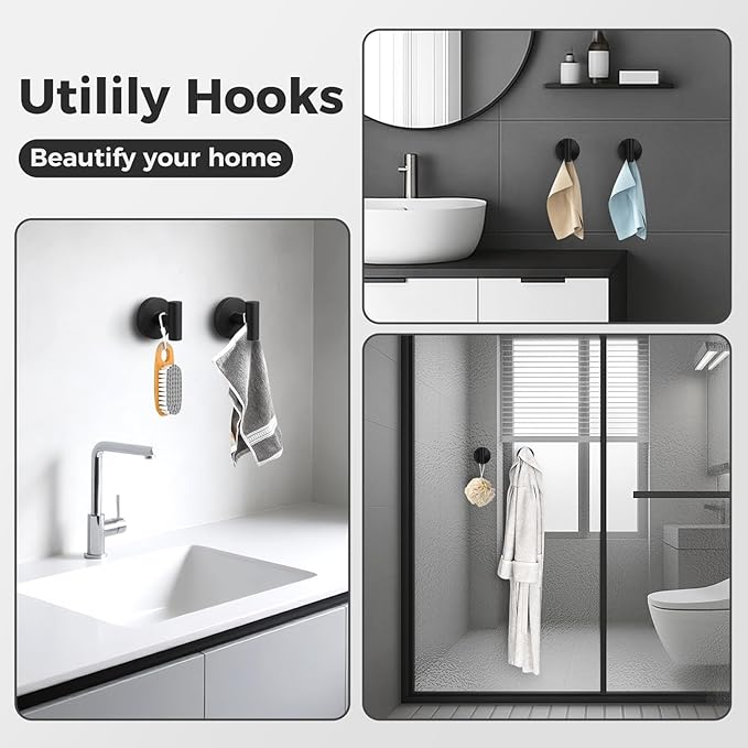 Shower Hooks for Inside Shower,No-Drill Removable&Reusable Towel Hooks for Bathroom,Heavy Duty Suction Cup Hooks for Glass Window,4 Packs(Black)
