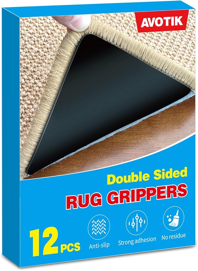 Rug Gripper for Hardwood Floors: No Damage Rug Grip for Area Rugs on Carpet & Hardwood Floors – Strong Hold, Safe for All Flooring (12 PCS)