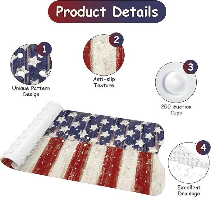 Bathtub Mat Non Slip, American Flag Extra Long Bath tub Mat Shower Floor Mat with Suction Cups and Drain Holes for Adults Kids Elderly 40 X 16 Inch