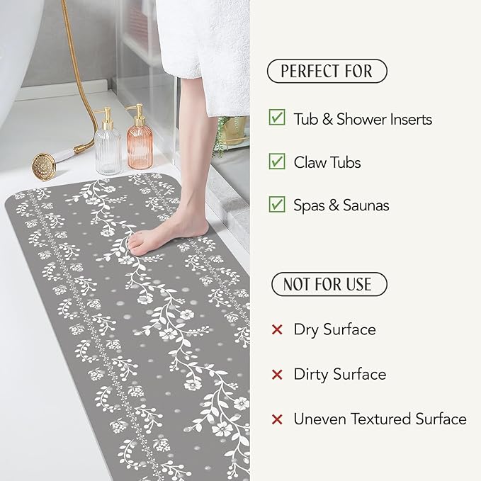 SHUCHING Gray Bath Mat for Tub Non Slip for Women-40 X 16 Inch, Flower Non Slip Bathtub Mat for Adults & Elderly Mold Free, Long Shower Mat for Inside Shower with Suction Cup, Machine Washable
