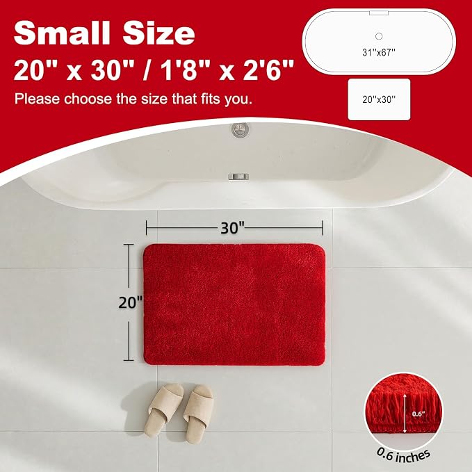 TYUU Red Bathroom Rugs, Ultra Soft Bath Rugs Non Slip Washable, Super Absorbent Quick Dry Bath Mat with Rubber Backing for Bathroom Floor, Shower, or Sink, Red 20" x 30"