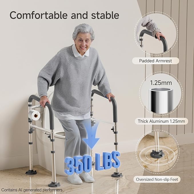Loyoda Toilet Safety Rails,Height-Adjustable Toilet Frame Width-Adjustable Toilet Handles Foldable Toilet Rail Provides Support for Seniors ， Pregnant ，Disabled （Gray）