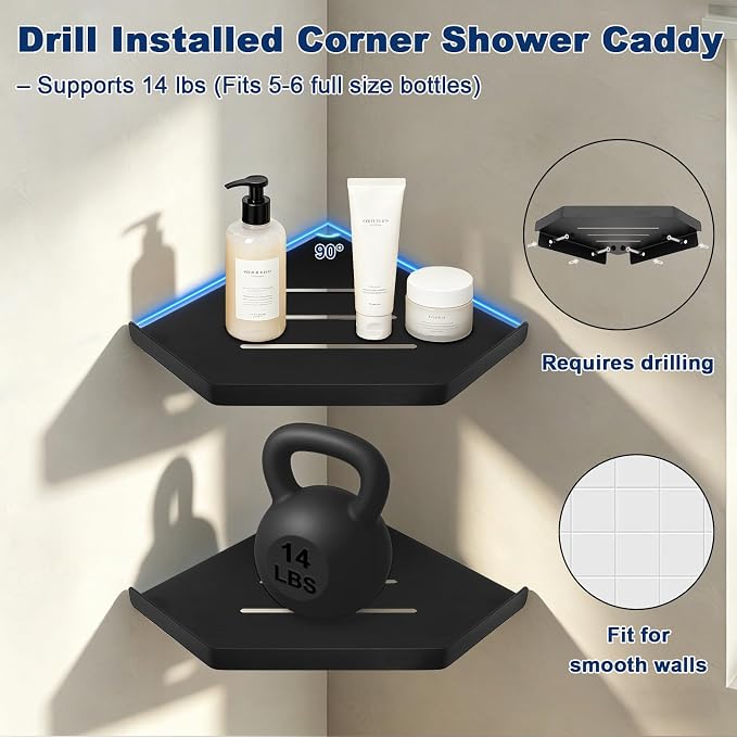 NearMoon Bathroom Shower Caddy 2 Pack, 304 Stainless Steel Shower Organizer, Screw Mounted (Diamond Corner Shelf, Matte Black)
