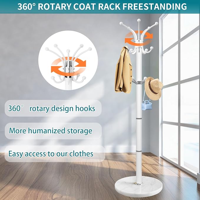 OIRUMIE Coat Rack with Natural Marble Base, Metal Freestanding Coat Racks with 14 Hooks, 360°Rotary Coat Rack Stand for Hanging Scarf, Bag, Jacket, White Coat Clothes Tree Hanger Holder Stand