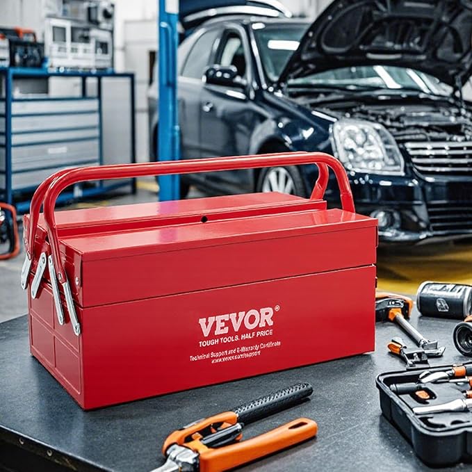 VEVOR Metal Tool Box, 14-inch, 2-Tier 3-Tray Portable Folding Tool Chest Organizer with Handle & Lock Hole, Powder Coated Steel, Cantilever Toolbox for Household Factory Warehouse Repair Shop, Red